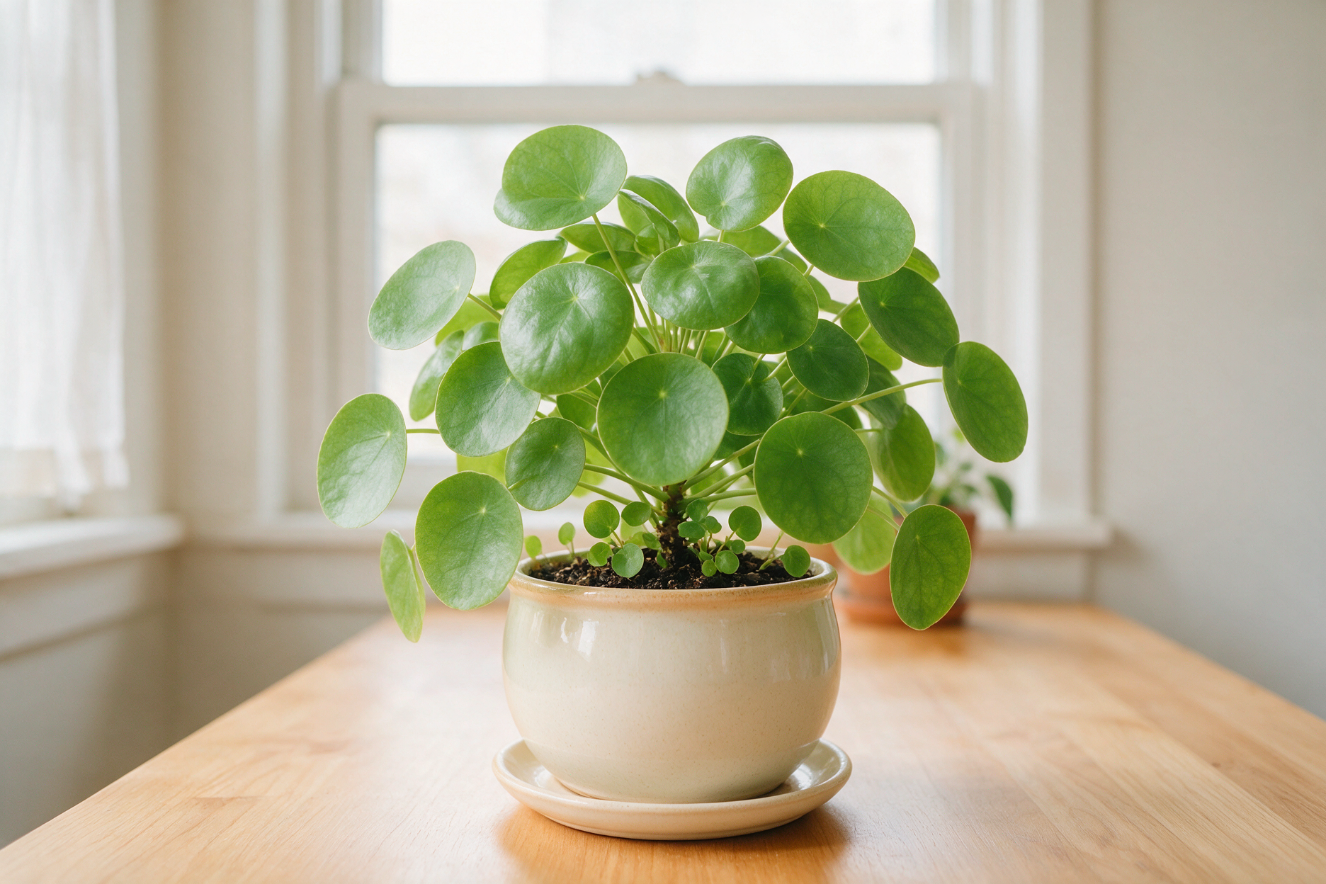 Пышная пилея Монетолистная с маленькими детками вокруг основного стебля
