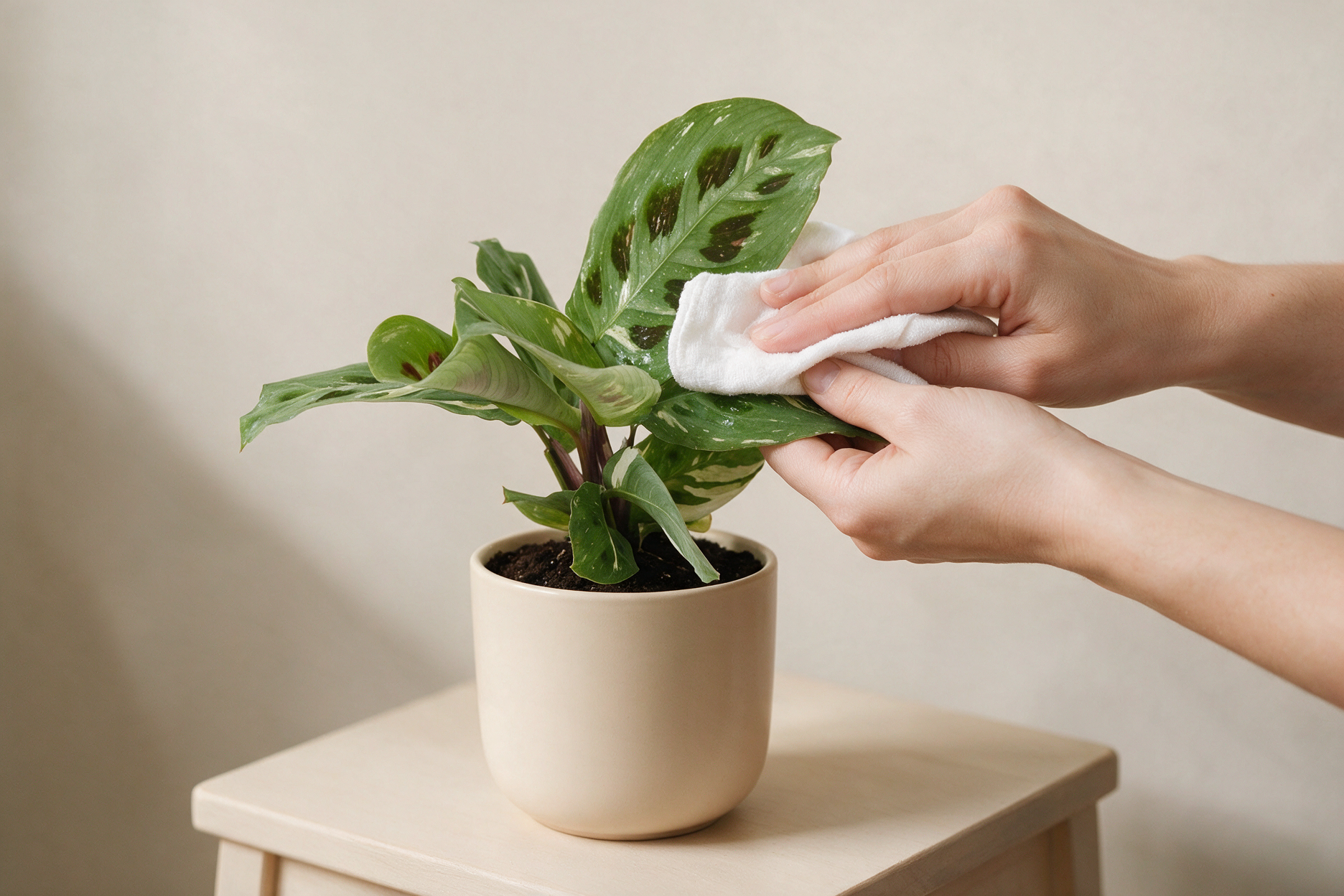 Протирание листа калатеи Керховена Вариегатной влажной тканью на отдельном столике